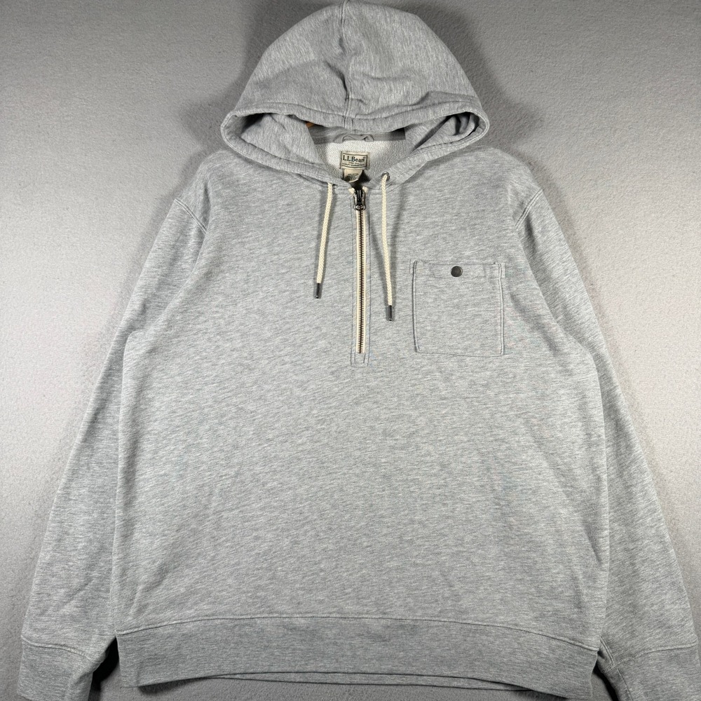 LL Bean Mens Gray Quarter Zip Hoodie Heathered Cotton Blend Pocket L REG 516813